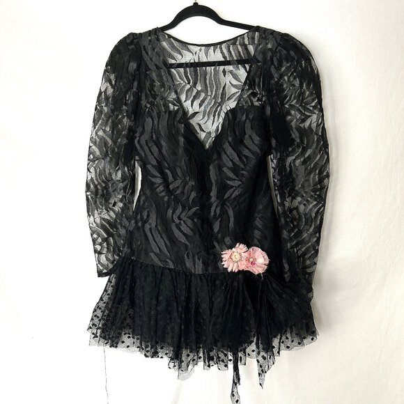 TD4 Vintage 80's Drop Waist Lace Party Dress Black Pink 11 - Picture 1 of 9